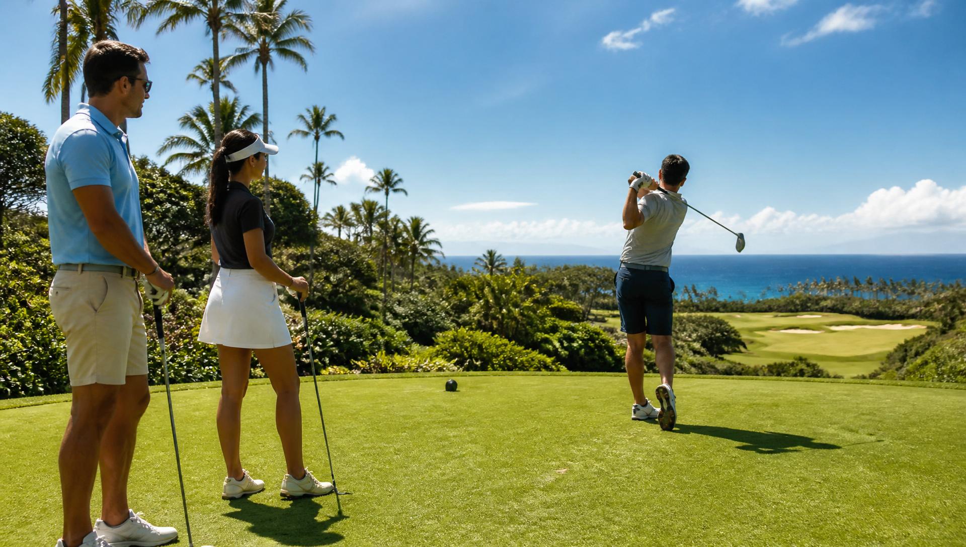 Friends teeing off together on a golf holiday