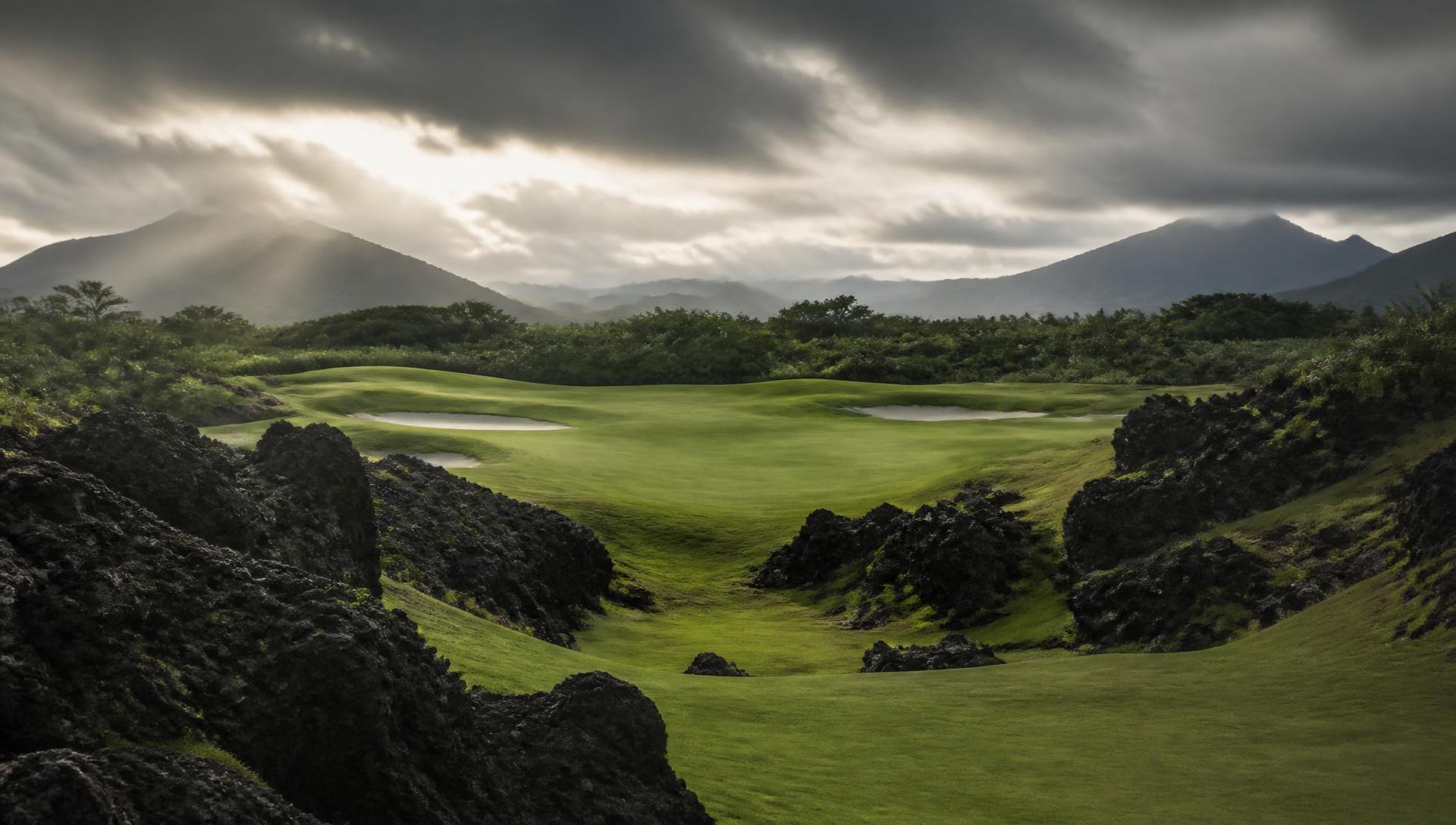 Championship golf course fairway with dramatic landscape, China