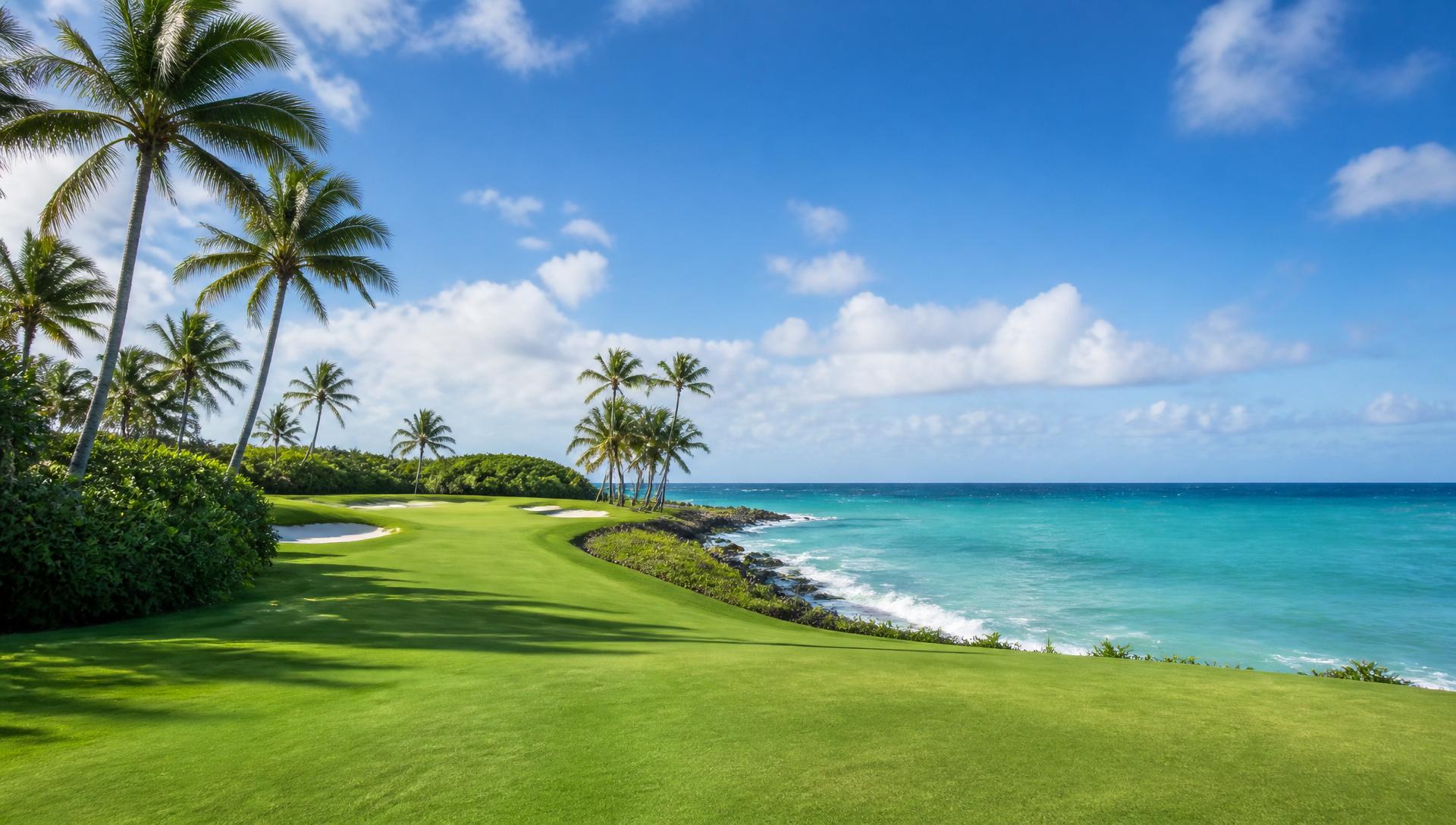 Seaside golf fairway with palm trees on the Vietnam coast